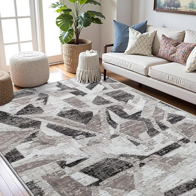 Modern Abstract 5X7 Area Rug for Living Room Bedroom Washable, with Non-Slip Rubber Backing Print Faux Wool Thin, Grey Throw Large Carpet for Kids Playroom Dining Room Pet & Child Friendly-Ruum Studio Home
