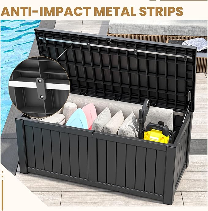 Deck Box, 120 Gallon Outdoor Storage Box Lockable Patio Waterproof for Furniture, Garden Tools, Sports Equipment and Pool Supplies, Waterproof, Resin, Lockable-Ruum Studio Home