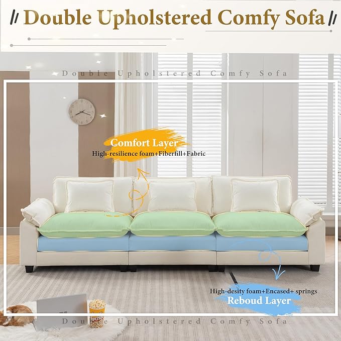 URRED Modular Sectional Sofa Comfy Cloud Couch, Modern Chenille Sofa Sleeper Deep Seat Couches with Ottoman/Pillows for Living Room (White, 117'')-Ruum Studio Home