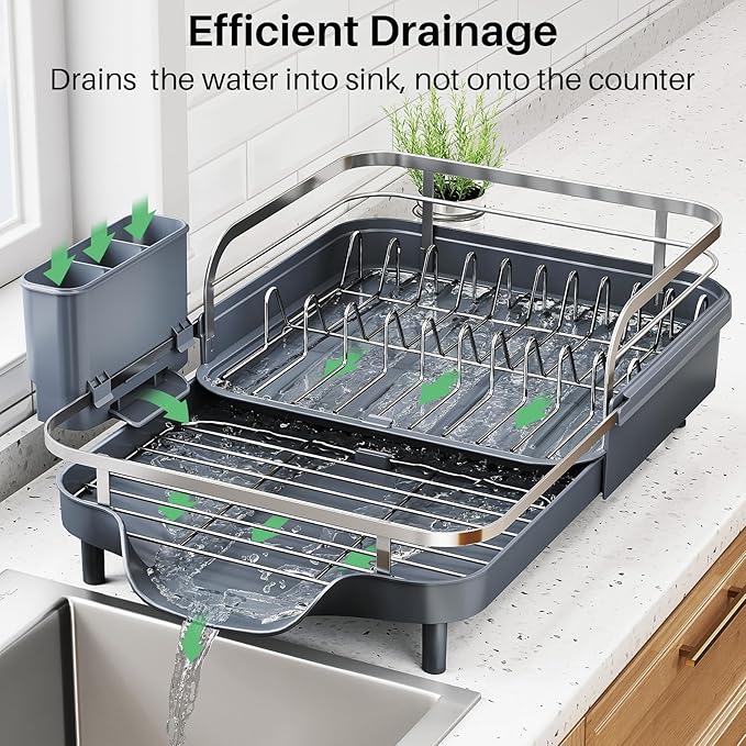 Dish Drying Rack, Expandable Dish Rack for Kitchen Counter, Stainless Steel Dish Drainer with Drainboard Set and Utensil Holder (Gray)-Ruum Studio Home