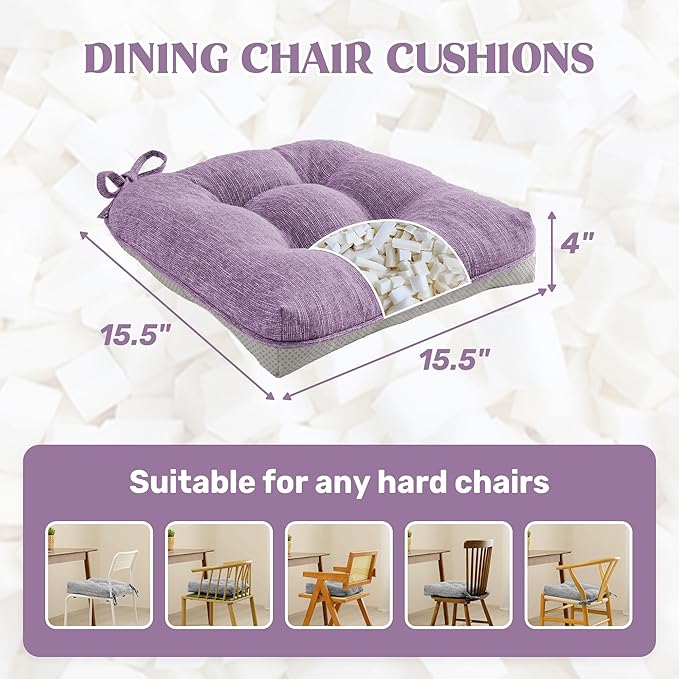 puredown® Chair Cushions for Dining Chairs, Tufted Memory Foam Chair Pads with Non-Slip Backing, Kitchen Seat Cushions with Ties, Washable Seat Pads Set of 4, 15.5" x 15.5" x 4", Purple-Ruum Studio Home