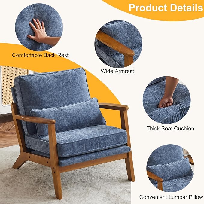 Karl home Accent Chair Wide Armrest Mid-Century Lounge Chair Chenille Armchair with Lumbar Pillow & Solid Wood Frame for Living Room, Bedroom, Balcony, Dusty-Blue-Ruum Studio Home