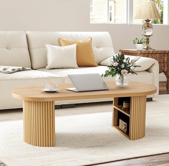 Oval Fluted Coffee Table, 47" Farmhouse Wood Coffee Table Mid Century Modern Center Table Boho Living Room Tables for Living Room Office,Natural-Ruum Studio Home