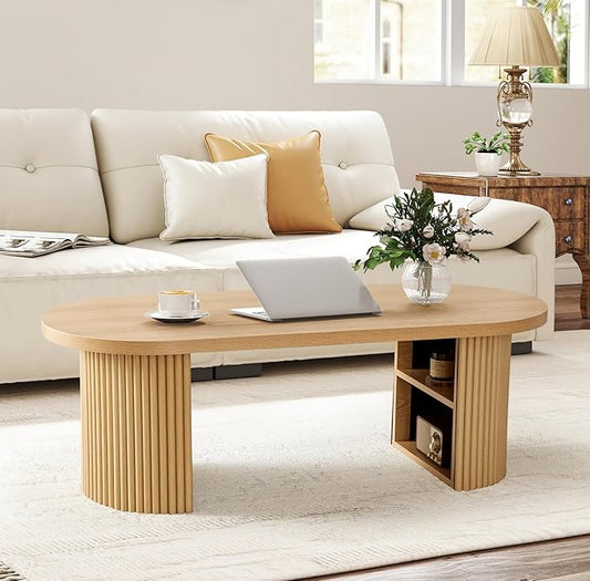 Oval Fluted Coffee Table, 47" Farmhouse Wood Coffee Table Mid Century Modern Center Table Boho Living Room Tables for Living Room Office,Natural-Ruum Studio Home