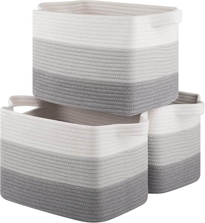 Storage Basket for Organizing, Woven Baskets for Storage, Rectangle Decorative Baskets for Shleves, Closet, Toys, Books, Nursery Organizer Bins - Pack of 3 (Gradient Gray)-Ruum Studio Home