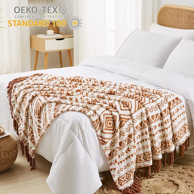 CASAAGUSTO Boho Throw Blanket - Terrcotta Decorative Blankets with Tassel, Printed Flannel Bohemian Blanket for Chair, Bed, Sofa, Couch(50 * 60, Terrcotta)-Ruum Studio Home