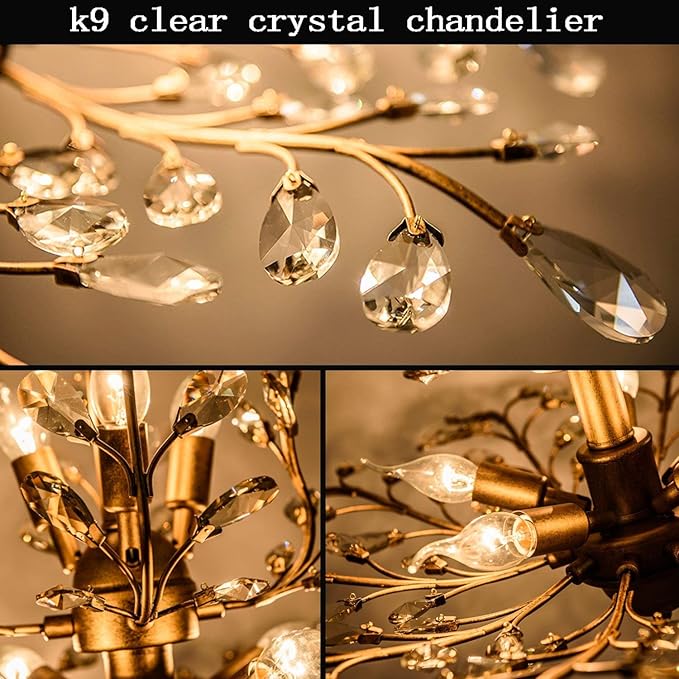 Ganeed Crystal Chandeliers,K9 Crystal Pendant Light with 3-Light Chandelier Lighting Fixtures,Ceiling Light for Living Room Bedroom Restaurant Hallway (Gold)-Ruum Studio Home