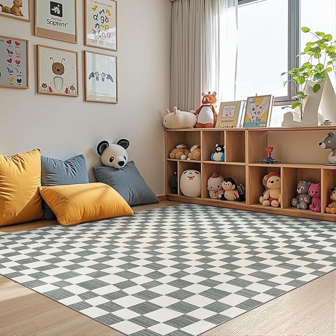 jinchan 6x9 Checkered Area Rugs for Kids Room - Machine Washable Soft Rug Modern Geometric Lattice Non-Slip Carpet for Nursery Playroom Classroom Living Room Bedroom Dining Room Home Office Grey-Ruum Studio Home
