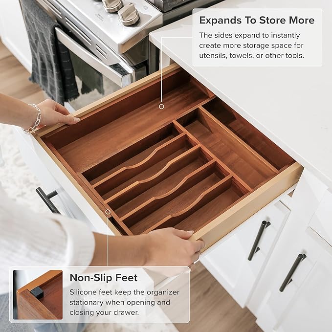 Premium Silverware, Flatware and Utensil Organizer for Kitchen Drawers, Food-Safe Contract Grade, Expandable from 10.5 to 19 In, Natural Acacia-Ruum Studio Home