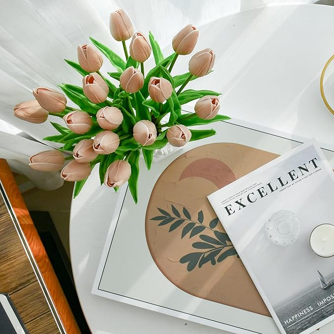 Mandy's Artificial Tulips 20 Stems Light Brown PU Faux Flowers for Wedding Home Decor 13.5 Inch-Ruum Studio Home