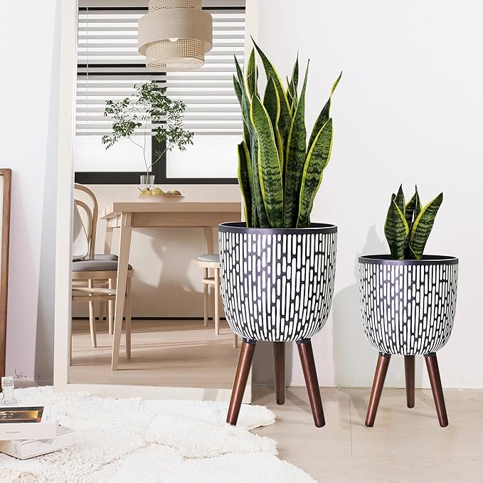 2 Set Plant Pot with Stand 10 & 12 inches, Mid-Century Large Planter with Legs for Indoor Plants, Boho Print Standing Plant Pot with Drainage Plug for Monstera, Herb, Succulent Flower Pot-Ruum Studio Home