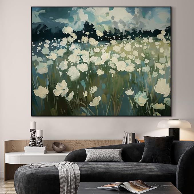 SIGNWIN 46"x60" Extra Large Framed Wall Art White Wildflower Field in Impressionist Style, Soft Floral Landscape for Home Living Room Bedroom Decor (Frame Assembly Required)-Ruum Studio Home
