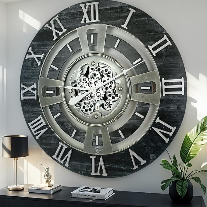 The Gears Clock Real Moving Gear Wall Clock England Line (Vintage Black, 24 inches (60 cm))-Ruum Studio Home