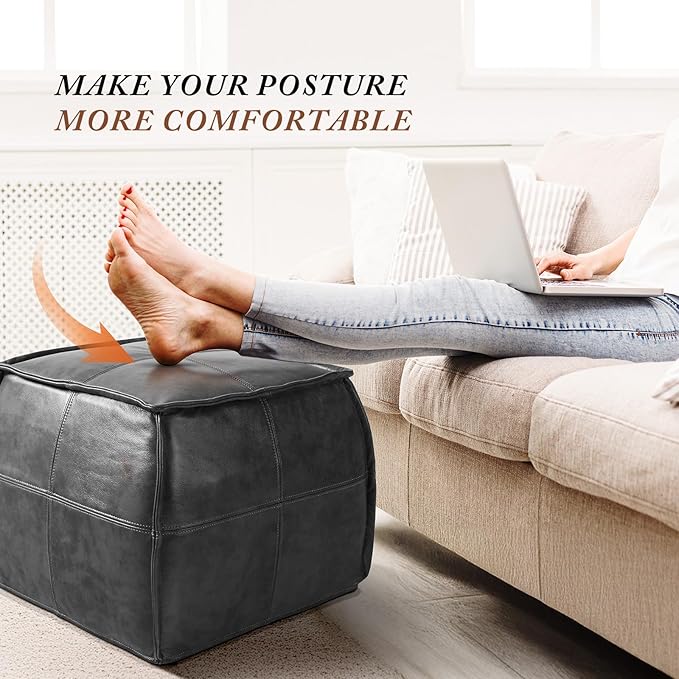 Leather Ottoman,Handmade Stuffed Square Ottoman,Genuine Leather Pouf, Foot Rest Pouf,Comfortable Soft Seating for Living Room & Bedroom (Grey, Square)-Ruum Studio Home