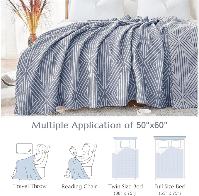 jinchan Boho 100% Cotton Blanket Muslin 50x60 Inches Lightweight 3-Layer Geometric Triangle Striped Pattern Reversible Quilt Throw Soft Breathable Comfy All Seasons for Couch Bed Decor, Blue-Ruum Studio Home