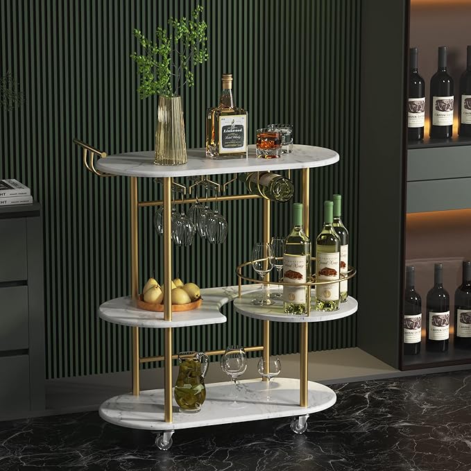 Gold Bar Carts with 4-Tier Storage Shelves, Mobile Bar Serving Cart with Wine Rack and Glass Holder, for The Home, Kitchen, Living Room, Dining Room-Ruum Studio Home