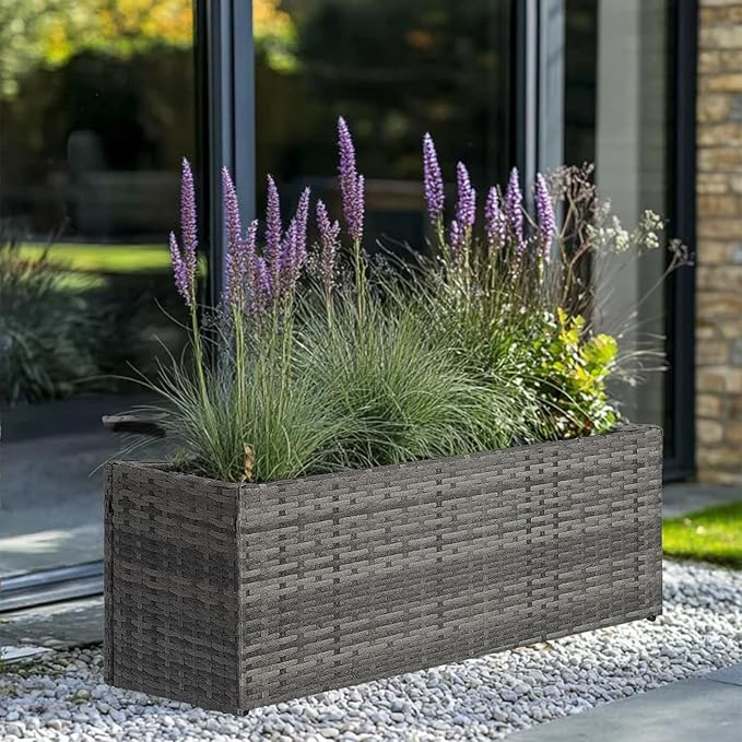 LEWIS&WAYNE Large Rectangular Block Planter Box Handmade Wicker Tall Planters for Outdoor Plants with Removable Liners Modern Planter for Indoor Outdoor Patio Deck - Gray, 30''x12''x16''-Ruum Studio Home