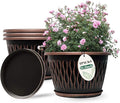 4 Pack 12 Inch Retro Plant Pots, Vintage Striped Flower Pots with Drainage Hole & Saucer, Large Plastic Planters for Indoor and Outdoor Plants, Decorative Garden Pots(Copper)-Ruum Studio Home