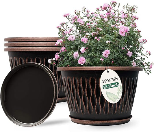 4 Pack 12 Inch Retro Plant Pots, Vintage Striped Flower Pots with Drainage Hole & Saucer, Large Plastic Planters for Indoor and Outdoor Plants, Decorative Garden Pots(Copper)-Ruum Studio Home