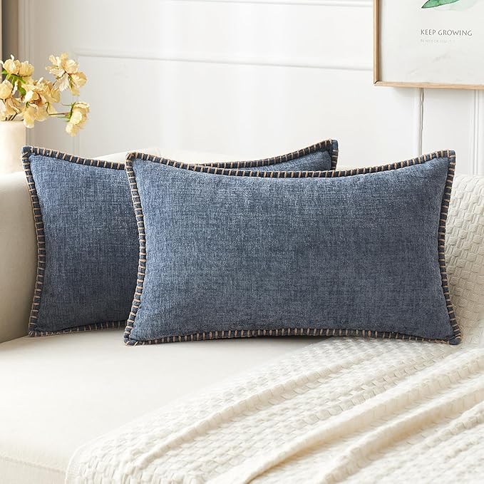 MIULEE Pack of 2 Couch Throw Pillow Covers 12x20 Inch Dark Grey Blue Farmhouse Decorative Pillow Covers with Stitched Edge Soft Chenille Solid Dyed Spring Pillow Covers for Sofa Bed Living Room-Ruum Studio Home