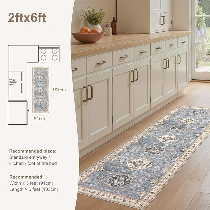Washable 2x6 Runner Rug - Area Rugs Neutral Vintage Distressed Floral Farmhouse Boho Large Soft Floor Rug Indoor Carpet for Hallway Entryway Bedroom Kitchen - Blue-Ruum Studio Home
