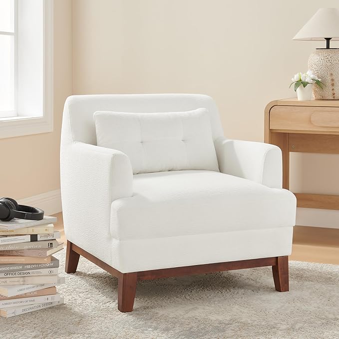 Modern Accent Chair with Terry Fabric, Upholstered Armchair with Spring Package Cushion & Solid Wood Frame, Comfy Lounge Chair for Living Room, Bedroom, or Reading Corner, Terry, White-Ruum Studio Home