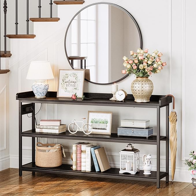 IRONCK Console Table, Sofa Table with Power Outlet, Farmhouse Hallway Table for Entryway, Living Room, Height Adjustable, Easy Assembly, Vintage Black,55"-Ruum Studio Home