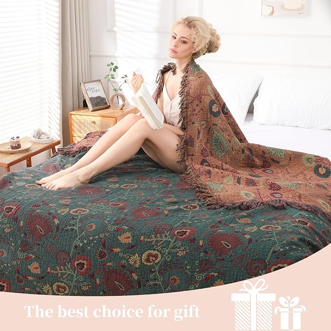 Boho Throw Blanket for Bed - 100% Pure Cotton Ultra Soft Rustic Quilt - Farmhouse Decor Bed Blankets, All Season Rustic Throw for Sofa Couch Chair(80''x 90'', Floral)-Ruum Studio Home