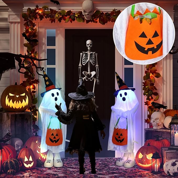 Halloween Decorations Ghost Decor Light-Up Color-Changing Spooky Ghost Porch Decorations Trick or Treater with Candy Pocket, Ghost Halloween Decor for Yard Lawn Home Indoor Outdoor 1PACK 38" H-Ruum Studio Home