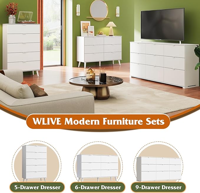 WLIVE 5 Drawer Dresser for Bedroom, Tall Wood Dresser, White Dressers Storage Organizer with Sturdy Metal Handle, Chest of Drawers for Living Room, Hallway, Closet-Ruum Studio Home