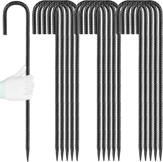 24 inches J Hook Rebar Stakes (16-Pack), Extra Long Garden Stakes with Chisel Point End Steel Rebar Ground Stakes for Tent Chain Link Fence and Outdoor Decorations Black Coated-Ruum Studio Home