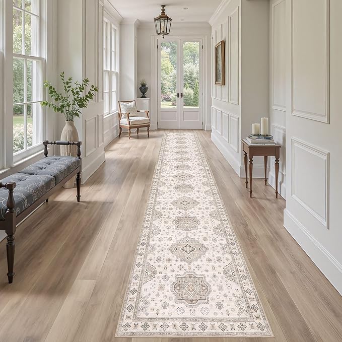 Washable 2.6x14 Runner Rug - Area Rugs Neutral Vintage Distressed Floral Farmhouse Boho Large Soft Floor Rug Indoor Carpet for Hallway Entryway Home - Beige Brown-Ruum Studio Home