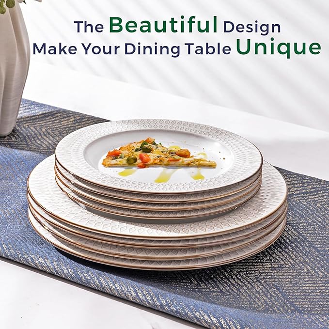 GBHOME Ceramic Dinnerware Sets,12 pcs Embossed Elegant Stoneware Plates and Bowls Sets, Housewarming Wedding Gift | Dishwasher & Microwave Safe | Dishes Set Service for 4-Ruum Studio Home