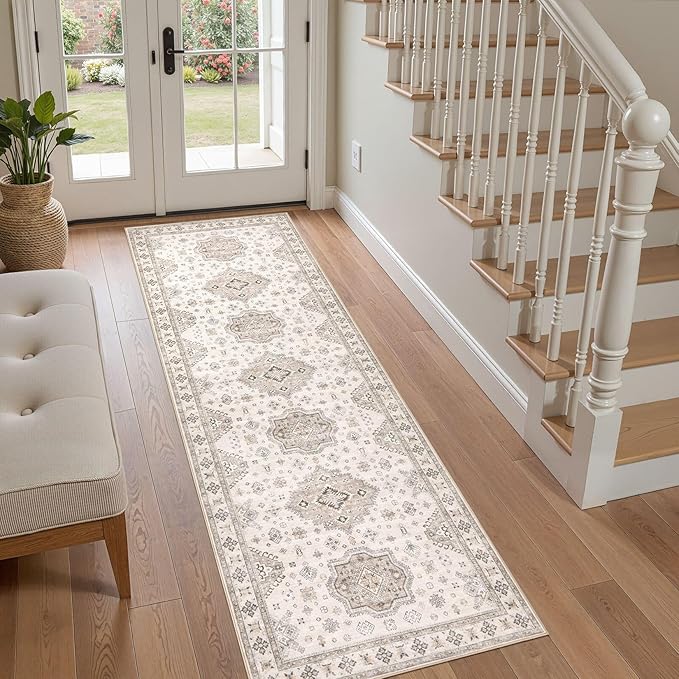 Washable 2x6 Runner Rug - Area Rugs Neutral Vintage Distressed Floral Farmhouse Boho Large Soft Floor Rug Indoor Carpet for Hallway Entryway Bedroom Kitchen - Beige Brown-Ruum Studio Home