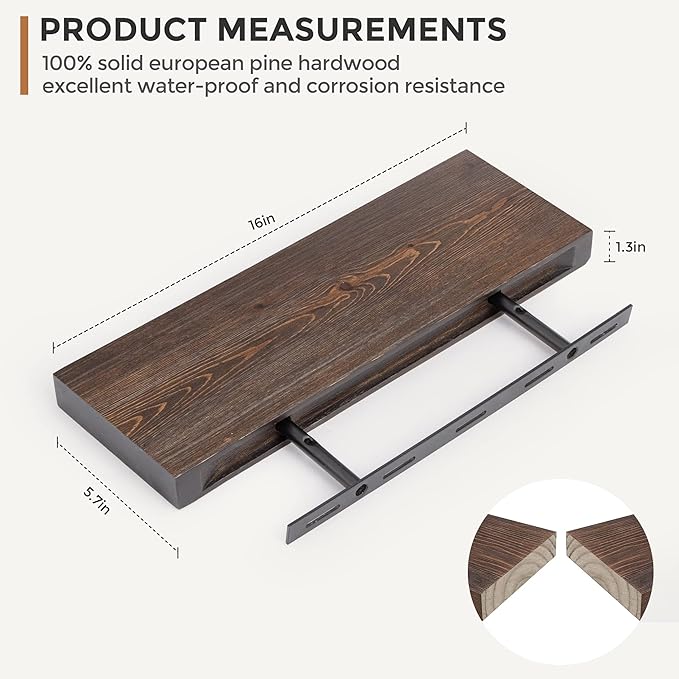 Fun Memories Handcrafted European Pine Floating Shelves Wall Mounted Set of 2 - Natural Rustic Wooden Wall Shelf - Storage Shelf for Living Room Farmhouse - Dark Walnut - 16Inch-Ruum Studio Home