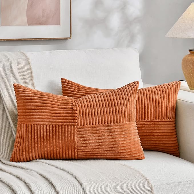 Fancy Homi 2 Packs Orange Long Lumbar Decorative Throw Pillow Covers 16x24 Inch for Couch Bed Sofa, Rustic Farmhouse Boho Home Decor, Soft Striped Corduroy Rectangle Accent Cushion Case 40x60 cm-Ruum Studio Home