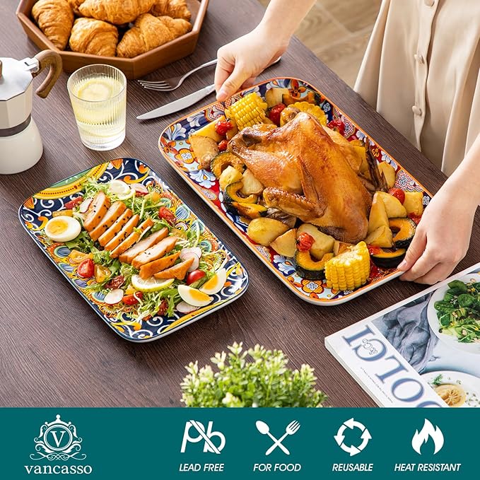 vancasso Serving Platters Set of 3, 16"/14"/12" Inch Rectangular Trays - Serving Platter Extra Large, Bohemian Ceramic Serving Dish for Entertaining Food, Microwave & Dishwasher Safe, Colorful-Ruum Studio Home