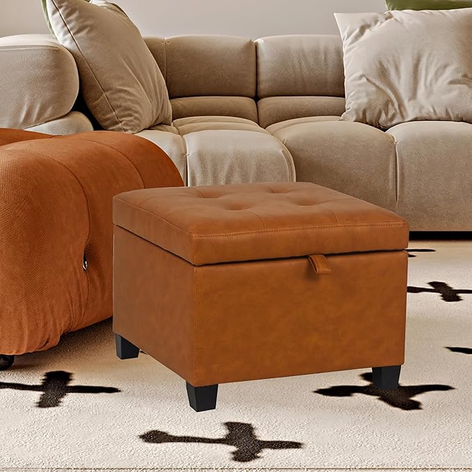 Adeco 17.5" Faux Leather Storage Ottoman with Hinged Lid, 14 Inch High Square Cube Foot Stool with Storage, Upholstered Vanity Stool with Solid Wood Legs for Living Room, Bedroom, Dorm (Warm Orange)-Ruum Studio Home