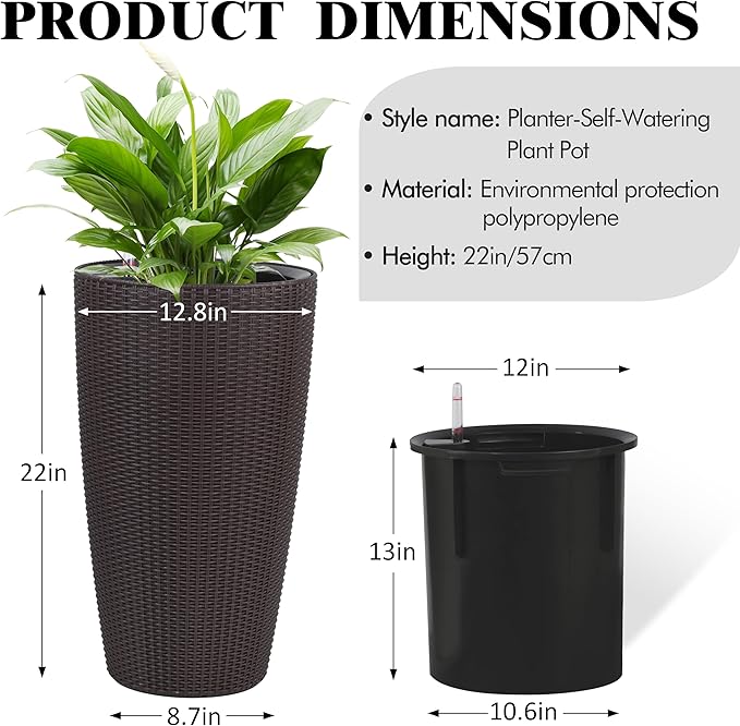 2Pack 22" High Modern Plant Pots Planter-Self-Watering Indoor/Outdoor Planting with Drain Holes, Water Level Monitor, Inner Bucket for Front Porch Patio, Brown Rattan Conical-Ruum Studio Home