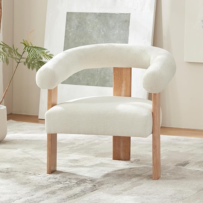 VKNOW Accent Chair Living Room Chair, Modern Upholstered Armchair with Solid Wood Legs, Comfy Barrel Arm Chairs for Living Room Bedroom, Cream-Ruum Studio Home