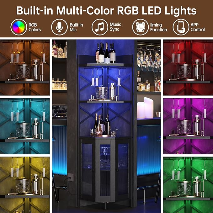 Corner Bar Cabinet with Power Outlet, 5-Tier Corner Wine Cabinet with Led Strip and Glass Holder, Industrial Tall Liquor Cabinet Bar Wine Rack for Home，Black-Ruum Studio Home