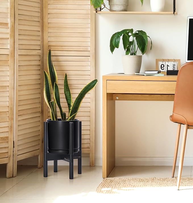 D'vine Dev Ceramic Planter with Ebony Stand - 8 Inch Modern Round Flower Pot with Wood Planter Holder, Black, 55-B-M-2-Ruum Studio Home