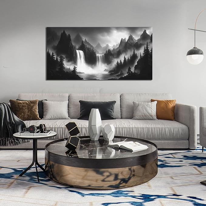 HUBOSKN Waterfall Pictures Wall Decor for Living Room - Mountain Wall Art for Office - Black and White Canvas Wall Art for Bedroom Size 24" x 48"-Ruum Studio Home
