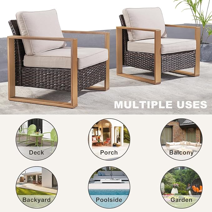 Wicker Outdoor Patio Chairs Set of 2, Rattan Patio Furniture Chairs with Sturdy Frame,All-Weather PE Wicker,Wide Armrest,Deep Seating and Thick Cushions for Deck Porch Garden(Brown/Beige)-Ruum Studio Home
