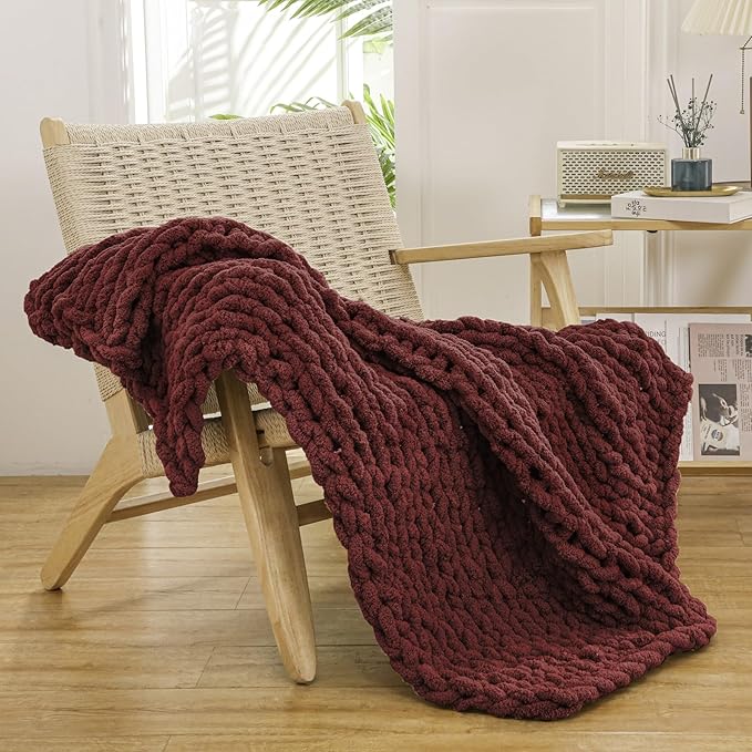 WESHIONGOO Chunky Knit Blanket Throw 40"×40" Knitted Throw Blankets for Couch Bed Fluffy Soft Blanket with Jumbo Chenille Yarn Thick 100% Handmade (Burgundy Red)-Ruum Studio Home