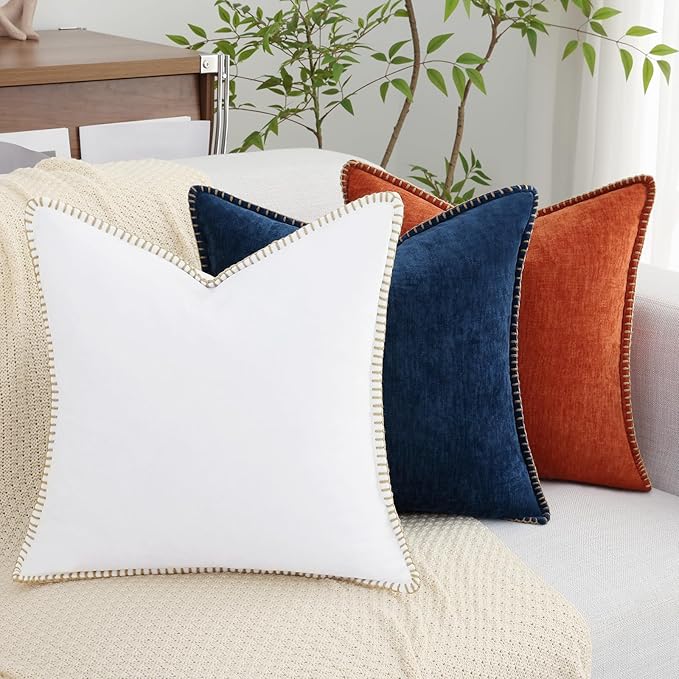 decorUhome Chenille Soft Throw Pillow Covers 18x18 Set of 2, Farmhouse Velvet Neutral Decorative Euro Pillow Covers with Stitched Edge for Couch Sofa Bed Home Decor, White-Ruum Studio Home