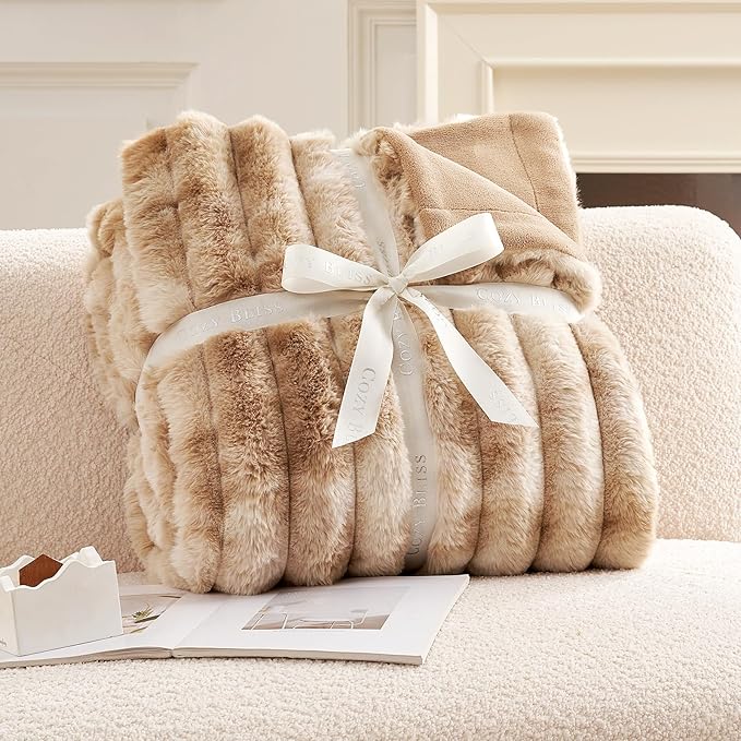 Cozy Bliss Faux Fur Throw Blanket for Couch, Cozy Warm Plush Striped Blanket for Sofa Bedroom Living Room, 50 * 60 Inches Tie-dye Kahki-Ruum Studio Home