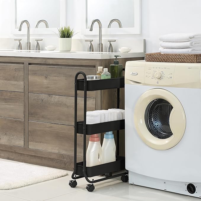 SunnyPoint Slim Rolling Storage Cart, 3 Tier Bathroom Storage Organizer Bathroom, Laundry Utility Cart (Black)-Ruum Studio Home