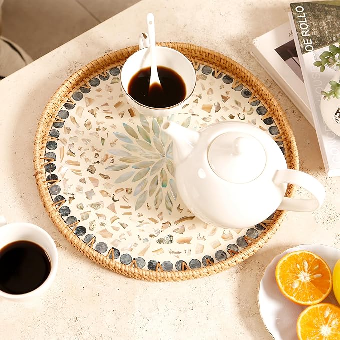 Round Rattan Tray with Mother of Pearl Inlay & Wooden Base - Decorative Wicker Serving Tray for Coffee/Bread/Fruits, Food Storage & Display - Multipurpose Home Decor (L,Blue Shells)-Ruum Studio Home