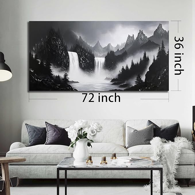 Mountain Hand Painting Wall Decor For Living Room - Extra Large Waterfall Pictures Wall Art For Office - Landscape Canvas Wall Art For Bedroom Size 36 x 72 Inch-Ruum Studio Home